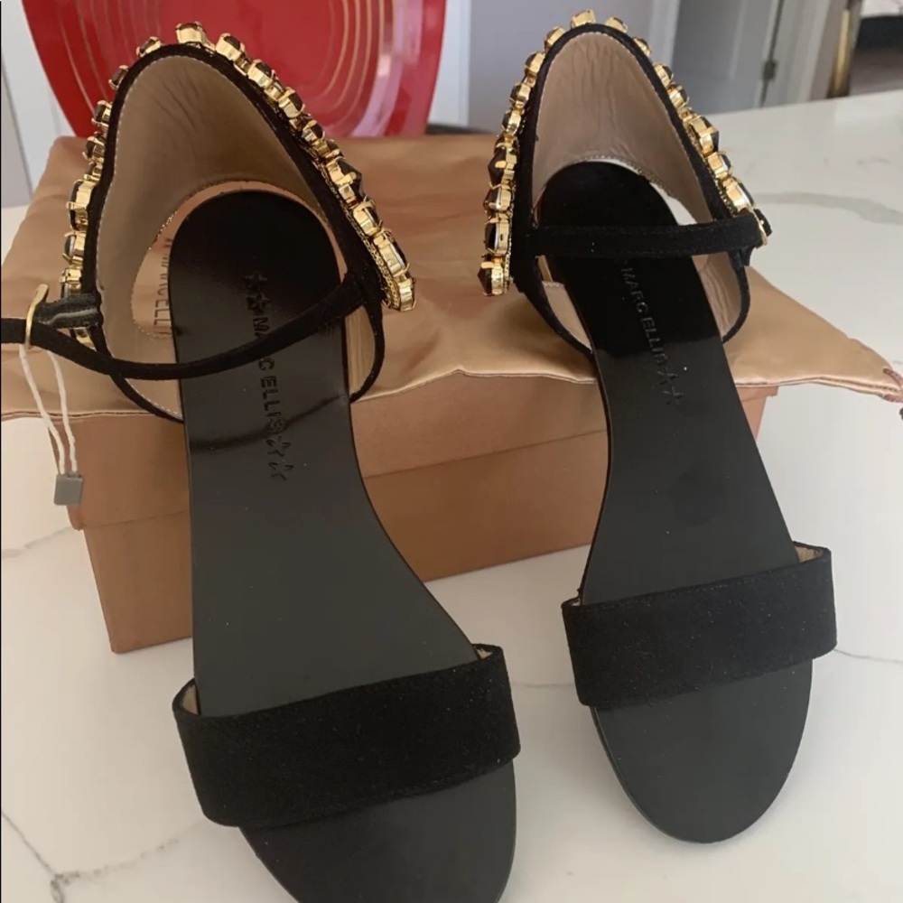 Italian sandal, black with black /gold stones , suede